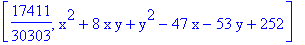 [17411/30303, x^2+8*x*y+y^2-47*x-53*y+252]